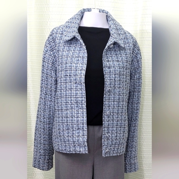 Boucle Shacket Blazer Oversize Sleeve Drop Shoulder Coat Blue/White Women's 10 - Picture 1 of 10